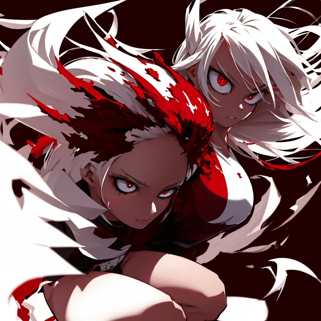 ((masterpiece,best quality)),1girl,beautiful detailed eyes, detailed face, (full body:1.2), white long hair, red eyes,small sized breasts, (black background:1.2), bloody particles, shaded face 