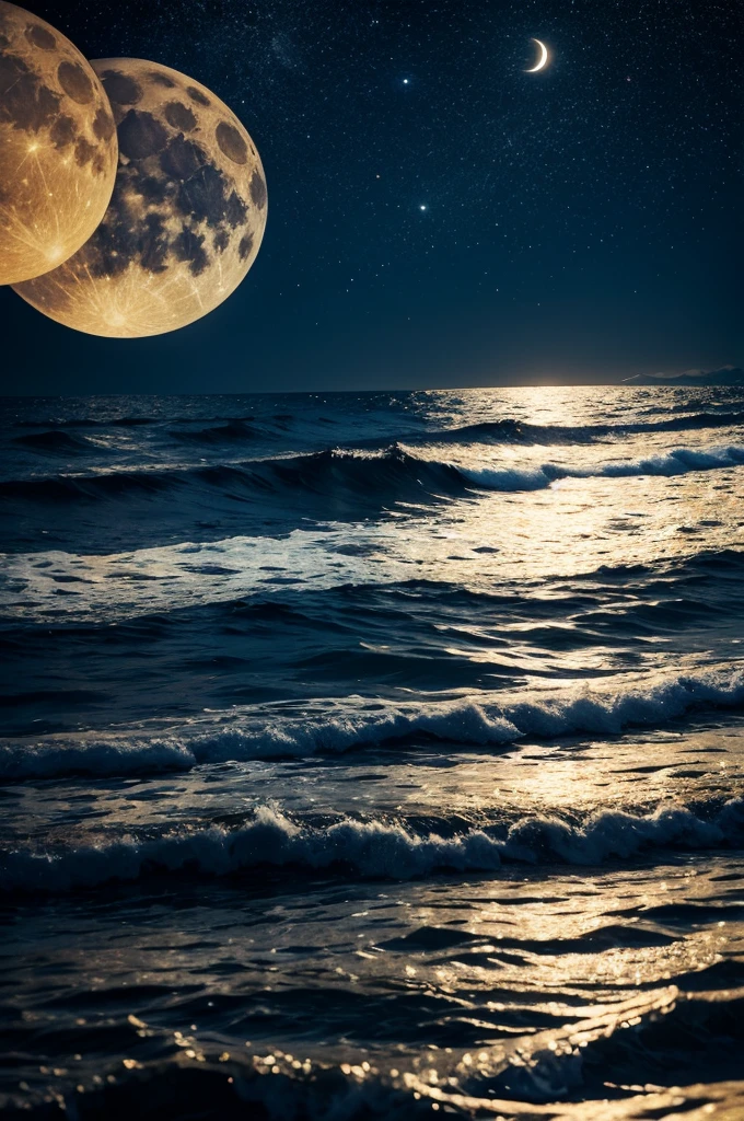 Starry night sky with yellow moon reflecting in the sea