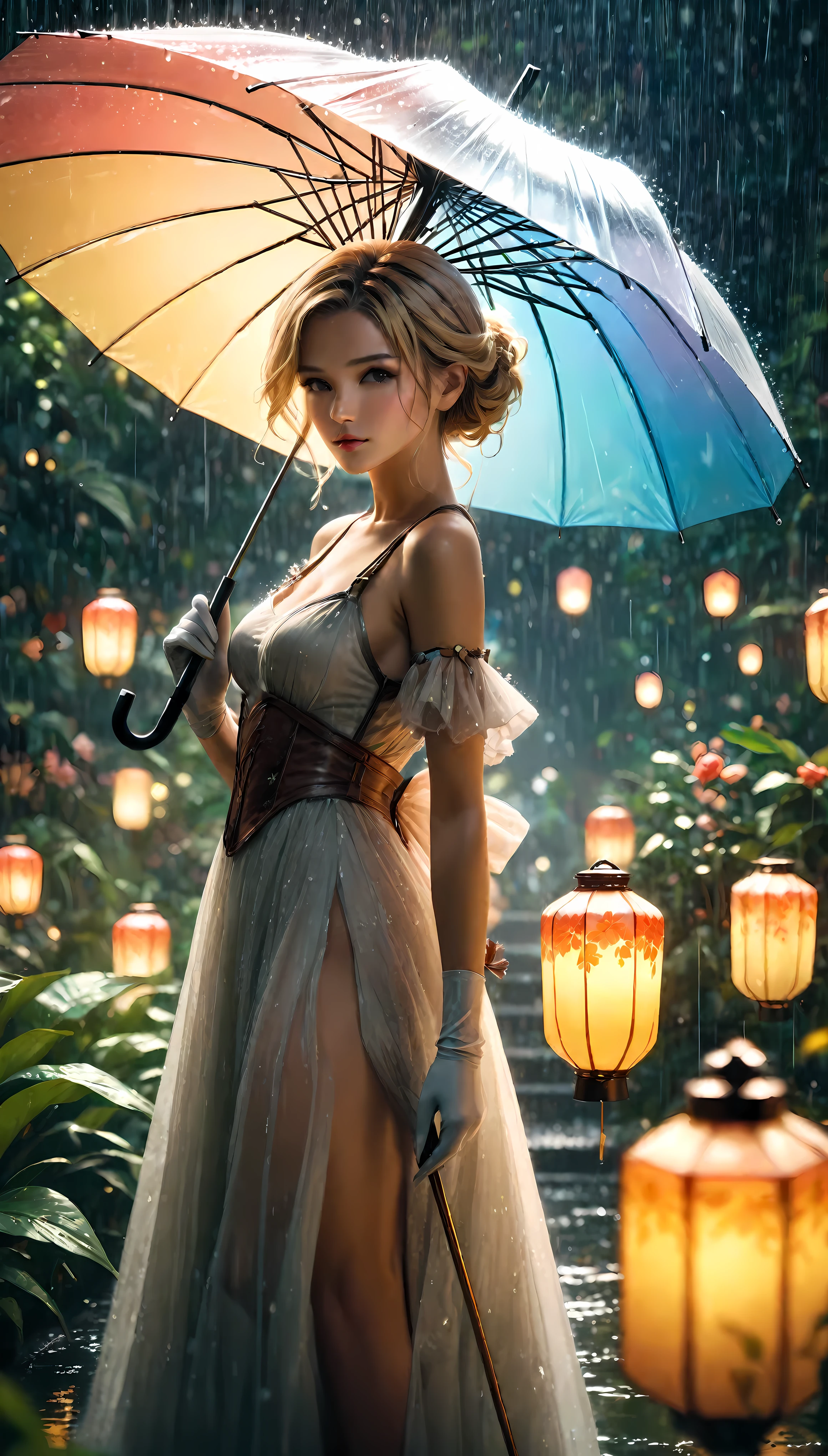 ((Masterpiece in maximum 16K resolution):1.6),((soft_color_photograpy:)1.5), ((Ultra-Detailed):1.4),((Movie-like still images and dynamic angles):1.3). | (cinematic photo of Supermodel beauty with a holding an umbrella), (Blonde Supermodel Beauty), (focus on the umbrella), (cinematic lens), (exotic garden in a heavy rain), (garden lanterns), (luminous object), (female hand gloves), (Festive atmosphere), (shimmer), (aesthetic Festival accesories), (visual experience),(Realism), (Realistic),award-winning graphics, dark shot, film grain, extremely detailed, Digital Art, rtx, Unreal Engine, scene concept anti glare effect, All captured with sharp focus. | Rendered in ultra-high definition with UHD and retina quality, this masterpiece ensures anatomical correctness and textured skin with super detail. With a focus on high quality and accuracy, this award-winning portrayal captures every nuance in stunning 16k resolution, immersing viewers in its lifelike depiction. | ((perfect_composition, perfect_design, perfect_layout, perfect_detail, ultra_detailed)), ((enhance_all, fix_everything)), More Detail, Enhance.
