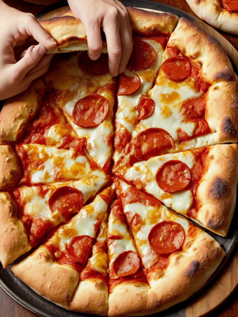 (best quality,4k,8k,highres,masterpiece:1.2),ultra-detailed,(realistic,photorealistic,photo-realistic:1.37),woman holding a slice of piping hot pizza, detailed food texture, detailed hands, warm lighting, soft colors, cinematic composition, delicious, appetizing