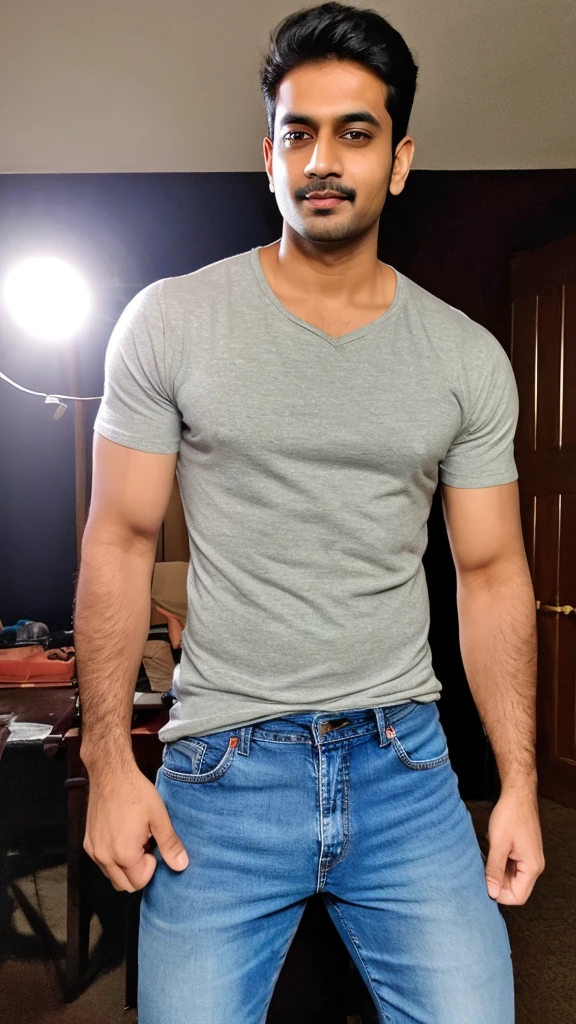 A sexy indian man, handsome face, homoerotic ,penis, looking at camera seductively, sexualised pose, he is wearing jeans shirt , cinematic lighting
