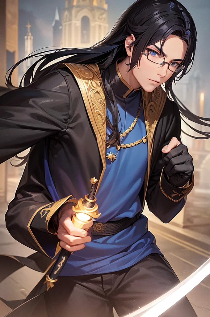 a man with glasses, long black hair wizard, dark blue eyes, wear blue and black wizard clothes, young magician, adventurous, use a katana sword, Intellectual, cold personality, medieval city background, estilo anime isekai