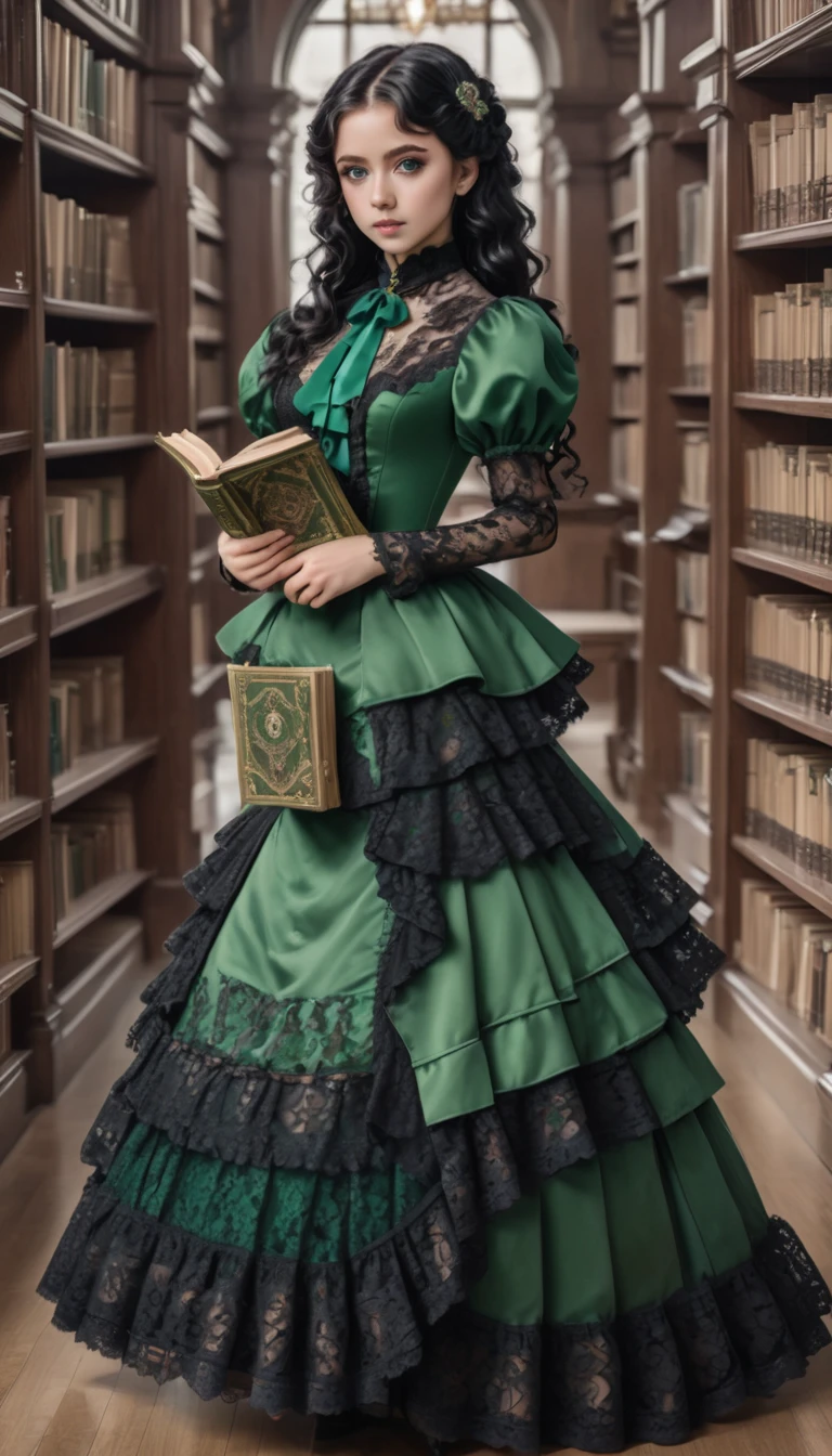 8k, masterpiece, highly detailed,
1girl wearing an emerald green (victorian dress), black hair, ringlets, green eyes,
full body, head tilt, holding a book, library, black lace