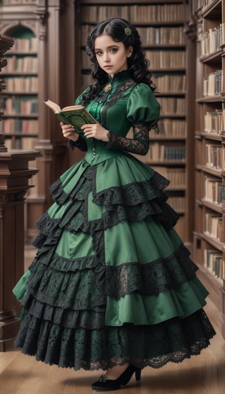 8k, masterpiece, highly detailed,
1girl wearing an emerald green (victorian dress), black hair, ringlets, green eyes,
full body, head tilt, holding a book, library, black lace