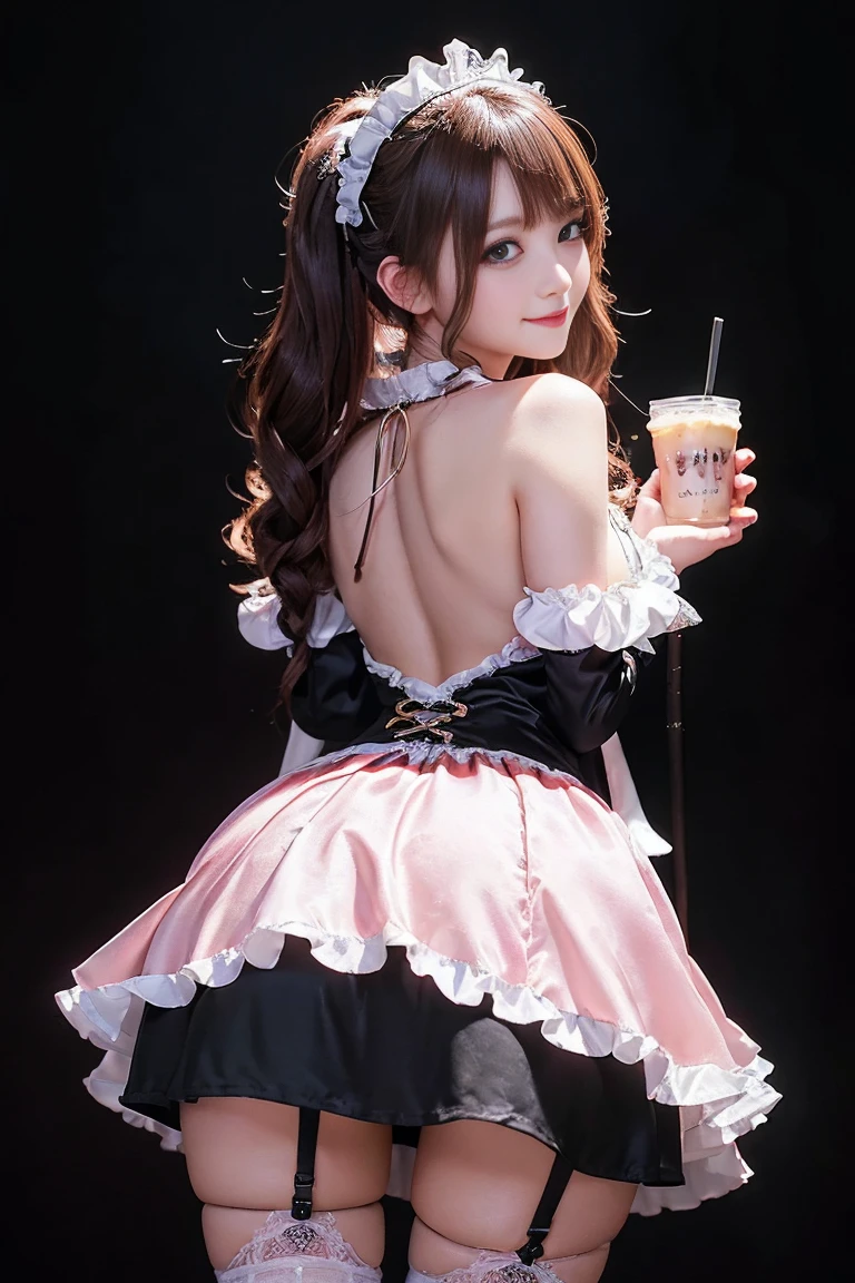 (Highest quality, Super detailed, High resolution, 8K images),、(Sexy maid), (Fantasy Costume，Cute details，wide chest:1.5), (Pink Milk Tea Hair)、She has a cheerful personality，Cute Smile.(large and impressive eyes, Long eyelashes), ,The skirt flips up and the underwear is visible, ,((Show me your)), ((Stick your butt out)),(Squat with legs apart), Fine and beautiful eyes,Perfect Proportions,(Overflowing big),(A full-body shot from behind), Very beautiful and cute girl,22 years old,(anime),Kamimei, Pitch black background,(Solid black background),alone,
