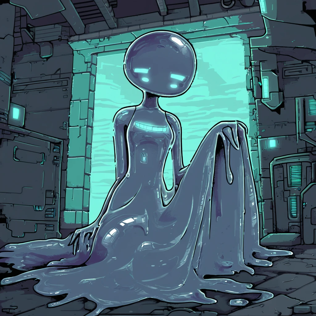 A slime girl with translucid silver skin and covered in robotic-like attachments her eyes glow dully for she is abandonware in a dusty warehouse in cybermatrix art style