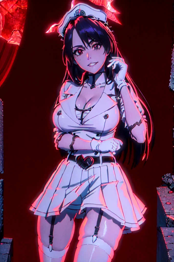(burned ruined city:1.2), (blush:1.2), (best quality, masterpiece:1.2), realistic portrait of Chitanda Eru, captivating big eyes, parted lips, suggestive smile, short white pleated skirt, upskirt, gloves, white thigh high stockings with garter belt, belt, looking at viewer, medium breasts, exposed cleavage, braless. The picture showcases impeccable attention to detail, with ultra-detailed rendering of textures, vibrant colors, and sharp focus. The lighting accentuates the richness of the scene, creating a visually stunning and emotionally engaging masterpiece.