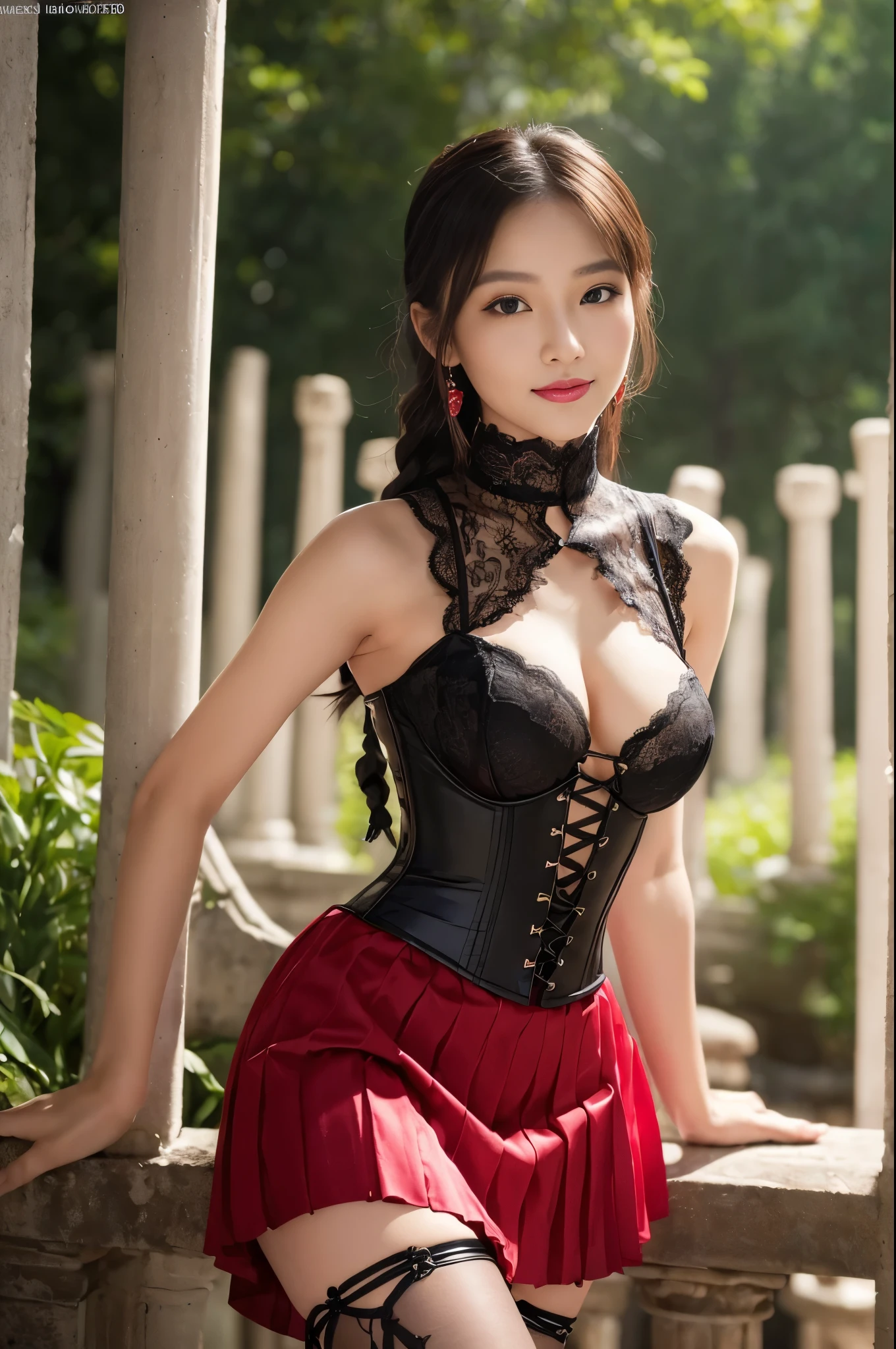 ((Photo from upper body to thigh: 1.4)), ((best soft studio lighting: 1.2)), (sexy Thai model: 1.3), photorealistic, ultra high resolution, closeup photo, (smiling face), long natural flowing hair, small breasts, (ultra detailed beautiful face), BREAK, clear sharp focus, perfect dark eyeshadow, vivid colors, (in the clearing of an ultra detailed ancient mystery forest: 1.3), bold lipstick, lip-gloss, black sparkling jewelry, wear an off-shoulder top, ultra detailed silk choker, full bodyesbian, ((Red-black pleated mini skirt)), (ultra detailed lace-up corset (lacy red or crimson) silked), ((Versace silked bustier top)), ((lace-up)), (sexy braided hold-up tights), (-pantise), blue eyeliner, (beautiful princess with long legs and good style)