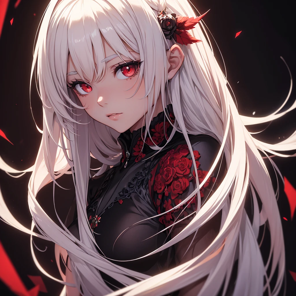 ((masterpiece,best quality)),1girl,beautiful detailed eyes, detailed face, (full body:1.2), white long hair, red eyes,small sized breasts, (black background:1.2), bloody particles, shaded face