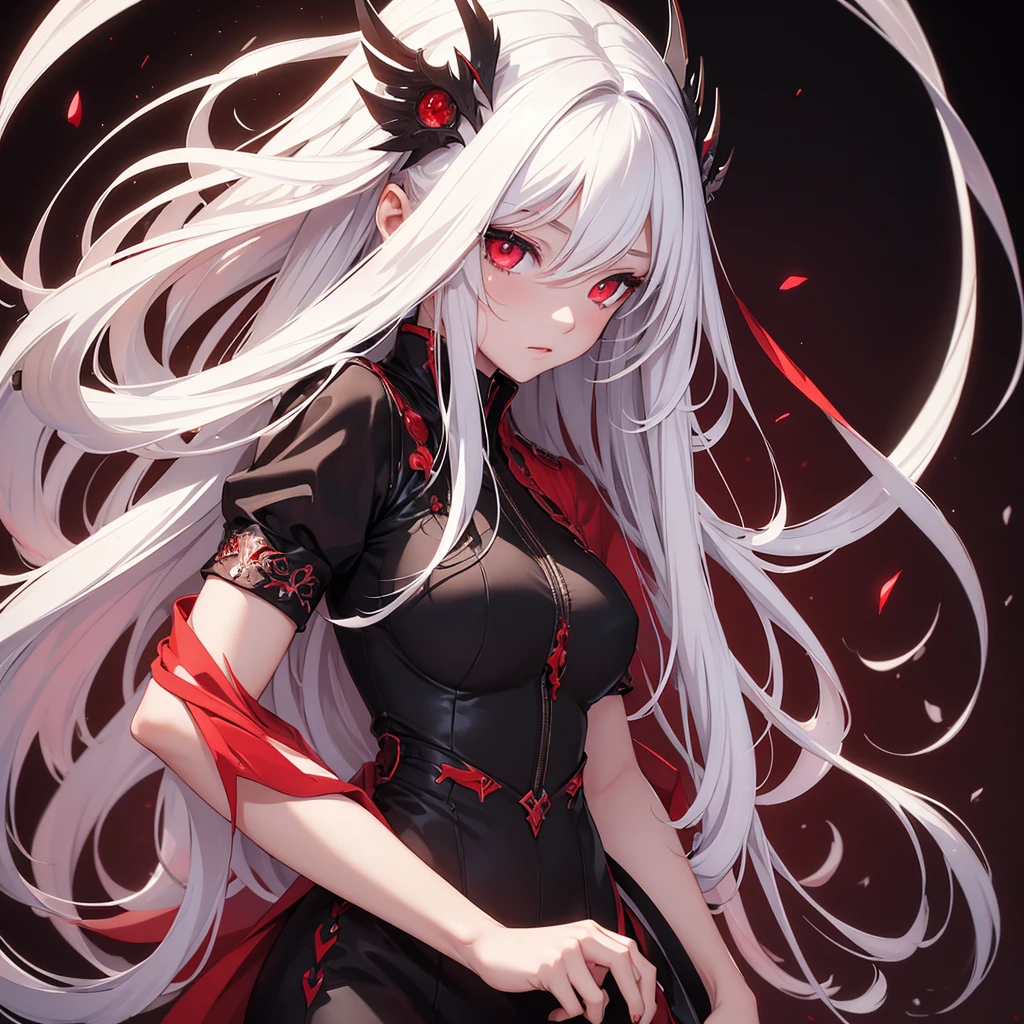 ((masterpiece,best quality)),1girl,beautiful detailed eyes, detailed face, (full body:1.2), white long hair, red eyes,small sized breasts, (black background:1.2), bloody particles, shaded face