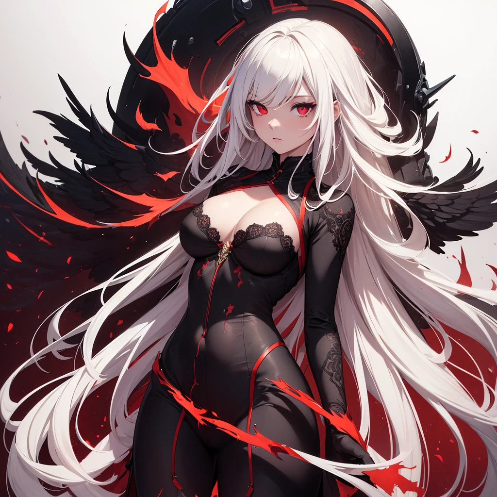 ((masterpiece,best quality)),1girl,beautiful detailed eyes, detailed face, (full body:1.2), white long hair, red eyes,small sized breasts, (black background:1.2), bloody particles, shaded face