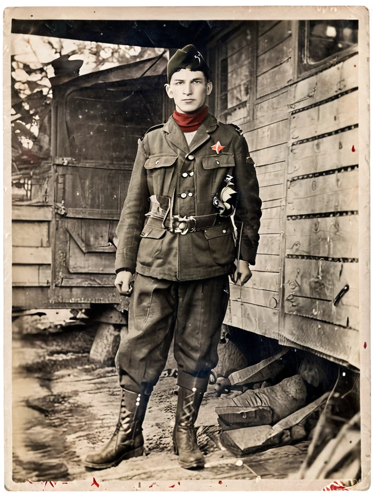 Year 1939, Young man aged 17-18 years , Dark green jacket, red turtleneck, The jacket has a red four-pointed star on the lapel.., wearing a black vest., Wearing light green M35 Harovari pants..,, Military boots, Wear a Soviet Pilotka Cap(clamp cap) There is a red star attached to it.., Eastern Slavic face(Soviet Union), Soviet Union, World War II, ww2 old pictures, ww2 military camp
