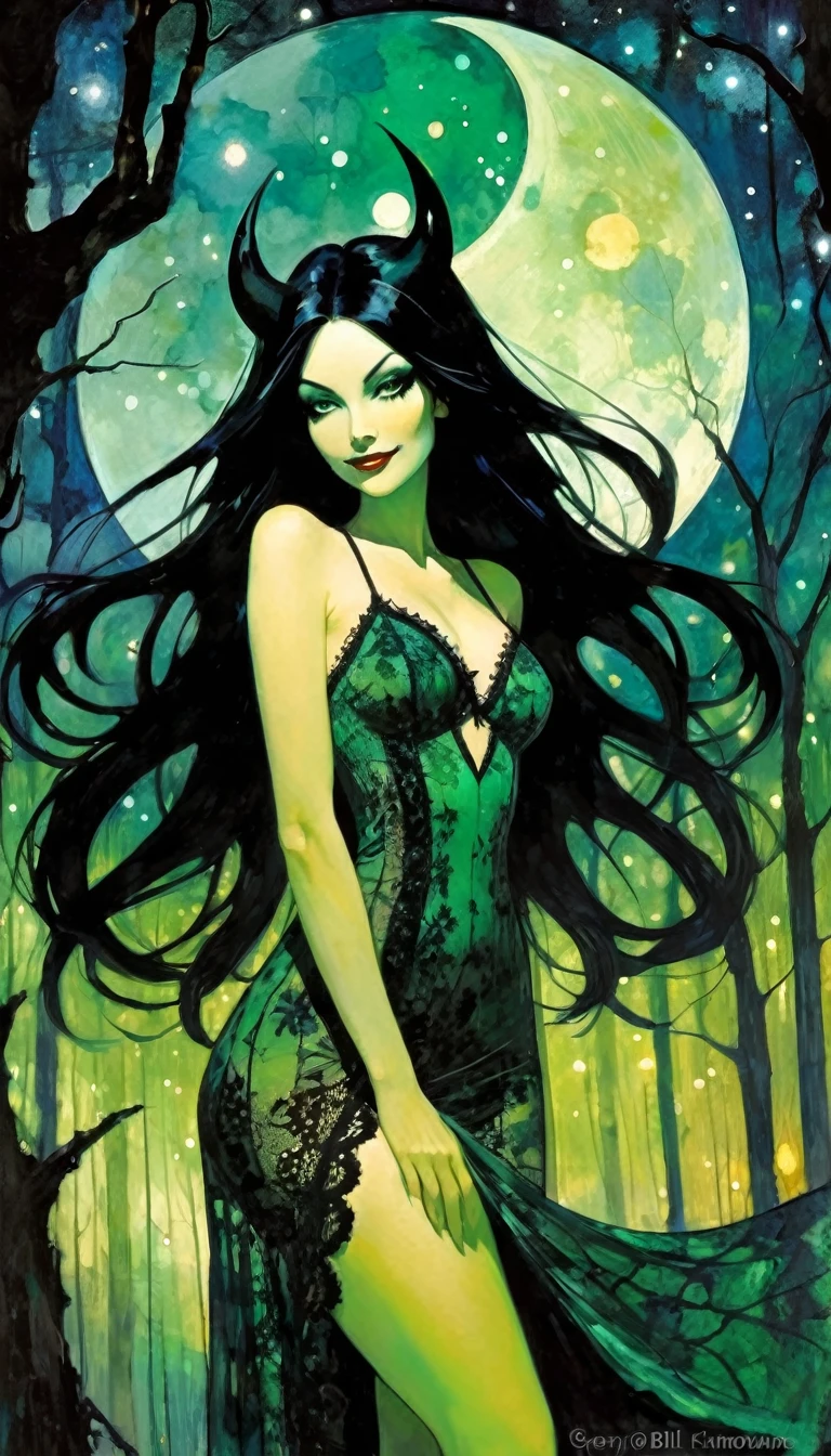 magical girl, very long black hair, very sexy lace dress, naked sinister forest, magic, fantastic, night sky, moons, stars, background, nsfw, face full week, week in face, week in body, all week full, smile, (art inspired by Bill Sienkiewicz). oil painting) green tones