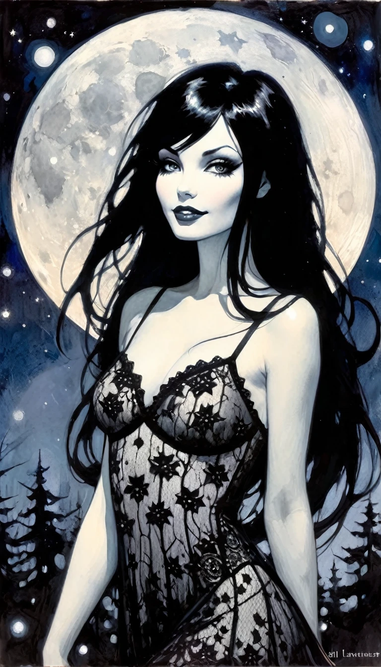 magical girl, very long black hair, very sexy lace dress, naked sinister forest, magic, fantastic, night sky, moons, stars, background, nsfw, face full week, week in face, week in body, all week full, smile, (art inspired by Bill Sienkiewicz). oil painting) black and white image