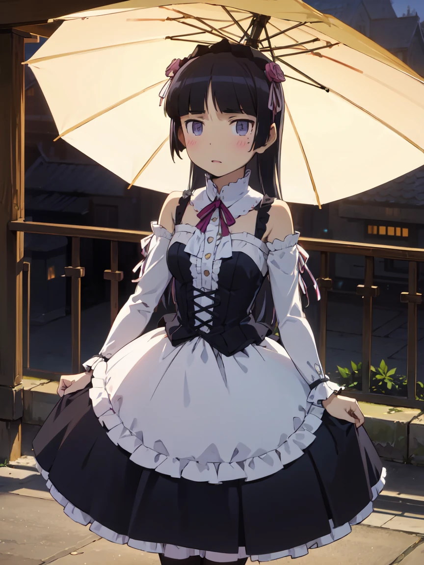 (Ultra-high resolution), (masterpiece), (Attention to detail), (high quality), (最high quality) , 1 girl, alone, girl, Hime cut, Gothic ****ta, ****ta Fashion, head band, (Bare shoulders), ((Parasol)), Pagoda Umbrella, (ruri gokou), Elegance, grace, Different world, Ancient Capital, middle ages, full body