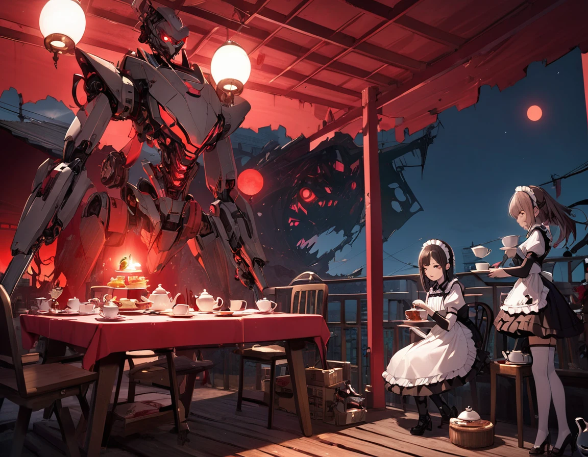 Red Moon、Terrace illuminated by red light、Tea Party、A wrecked maid robot feeding