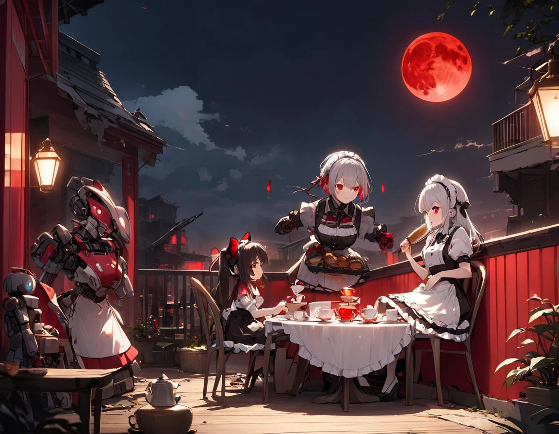 Red Moon、Terrace illuminated by red light、Tea Party、A wrecked maid robot feeding