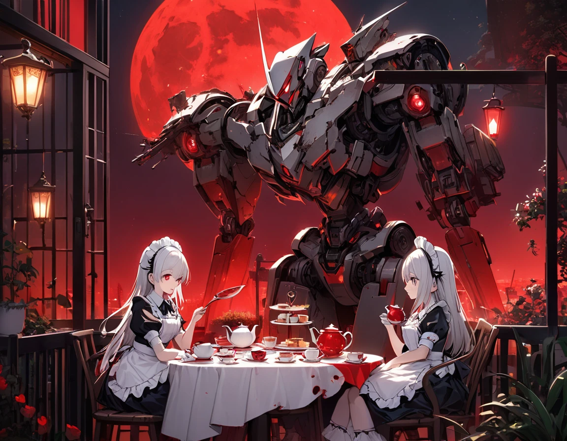 Red Moon、Terrace illuminated by red light、Tea Party、A wrecked maid robot feeding