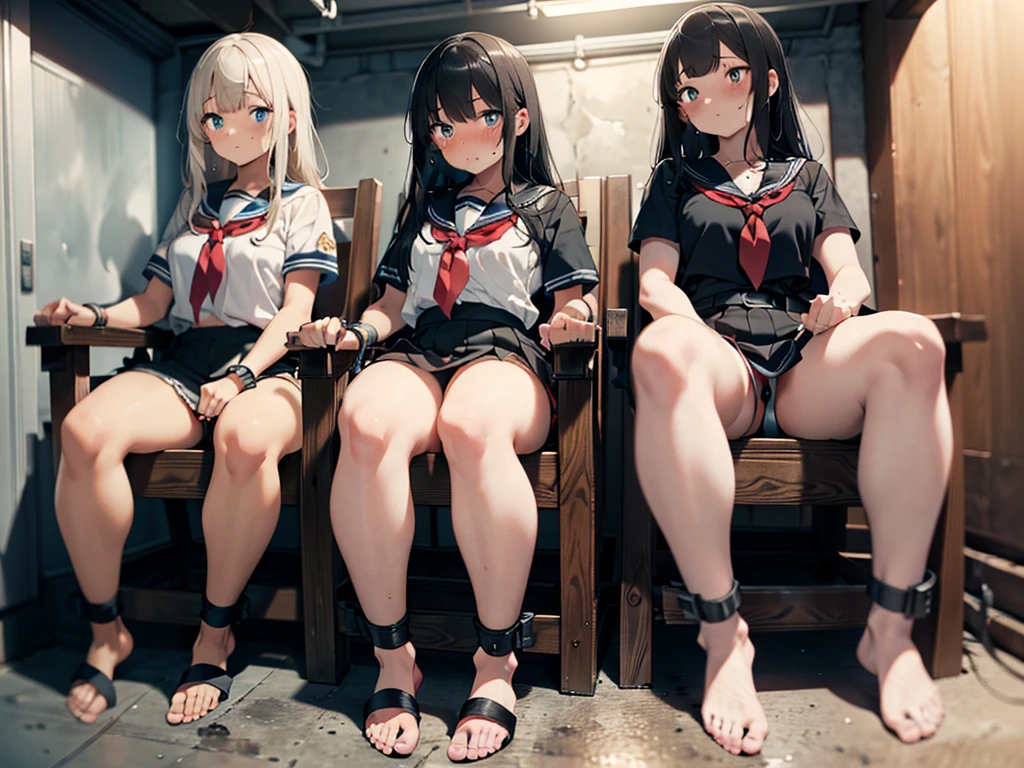 2 girls, strapped to chairs, (inside basement, underground), (bondage chair:1.0), (open legs:1.5), (blushing:1.5), ((blushing, terrified)), (ankle cuffs, ankles tied, wrist cuffs, wrists tied), (arms to the sides), long hair, ((short sleeves, tight clothing, sailor uniform, miniskirt, shoeless)), perfect body, perfect face, (focus on face), perfect eyes, beautiful eyes, detailed eyes