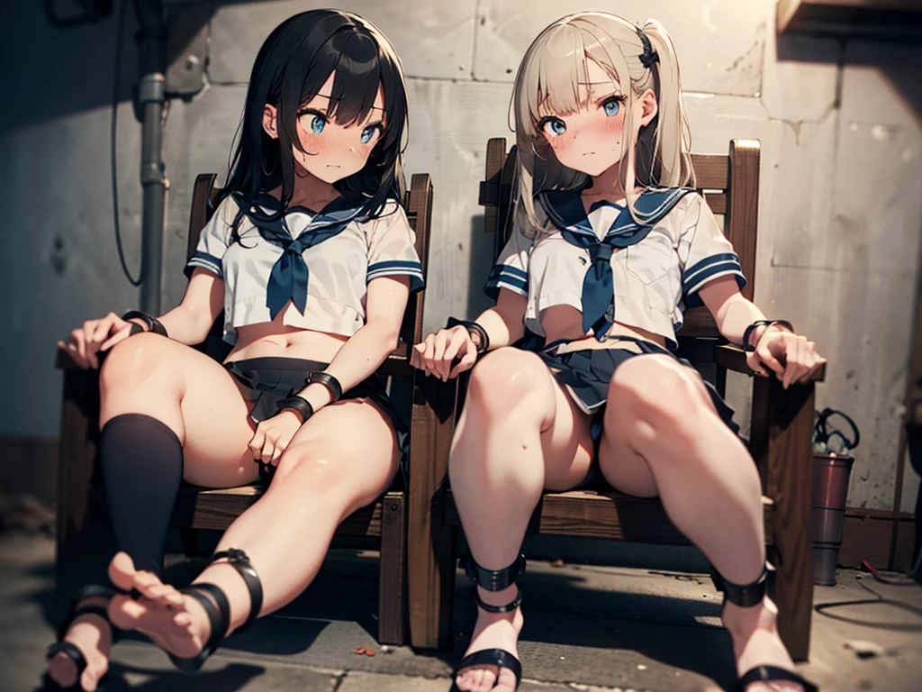 2 girls, strapped to chairs, (inside basement, underground), (bondage chair:1.0), (open legs:1.5), (blushing:1.5), ((blushing, terrified)), (ankle cuffs, ankles tied, wrist cuffs, wrists tied), (arms to the sides), long hair, ((short sleeves, tight clothing, sailor uniform, miniskirt, shoeless)), perfect body, perfect face, (focus on face), perfect eyes, beautiful eyes, detailed eyes