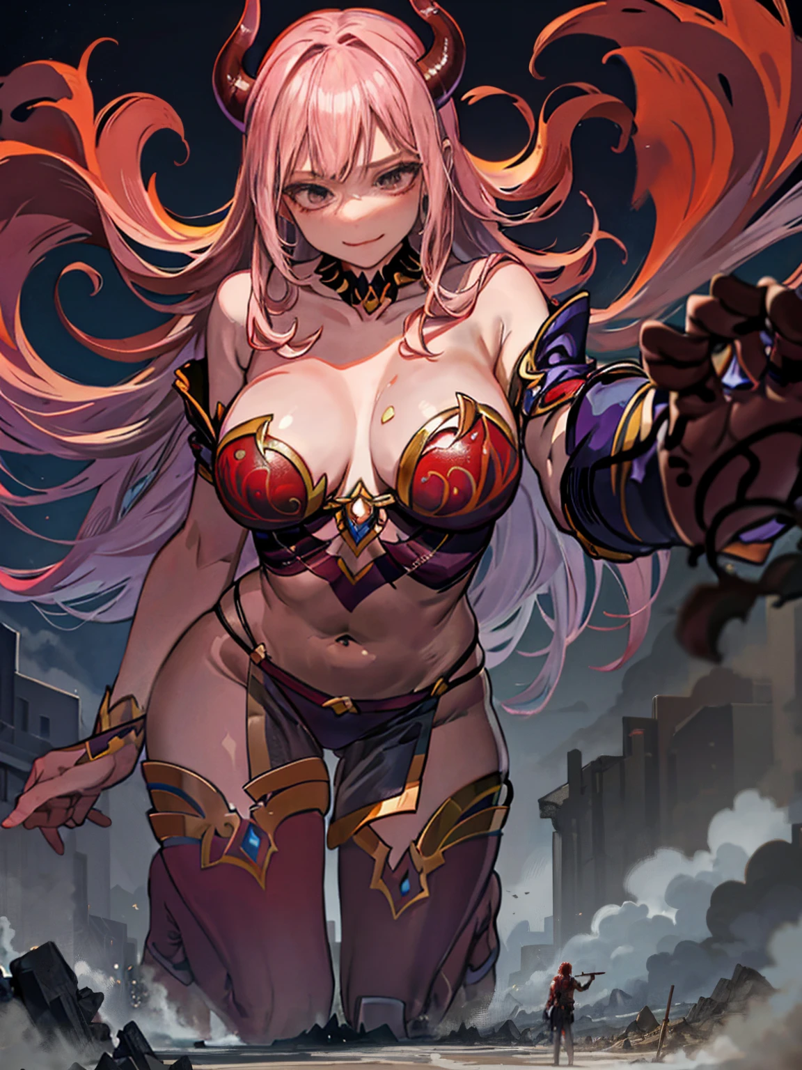 Thalina, a 58-meter giant demon, emerges from a flaming abyss at dusk, her onyx skin glowing with a hellish radiance. Her long, crimson hair falls in rippling cascades over her shoulders and back. Standing in a desolate wasteland, her posture is commanding and seductive, one leg firmly planted forward, one hand sensually caressing her abdomen while the other rests on her hip. Her eyes, full of fire and desire, gaze at the tiny humans at her feet, entranced by her commanding presence. Her dark lips curve into a lascivious smile, and her perfectly sculpted body exudes an aura of hellish eroticism, enveloping all present in a spell of overwhelming submission and worship.