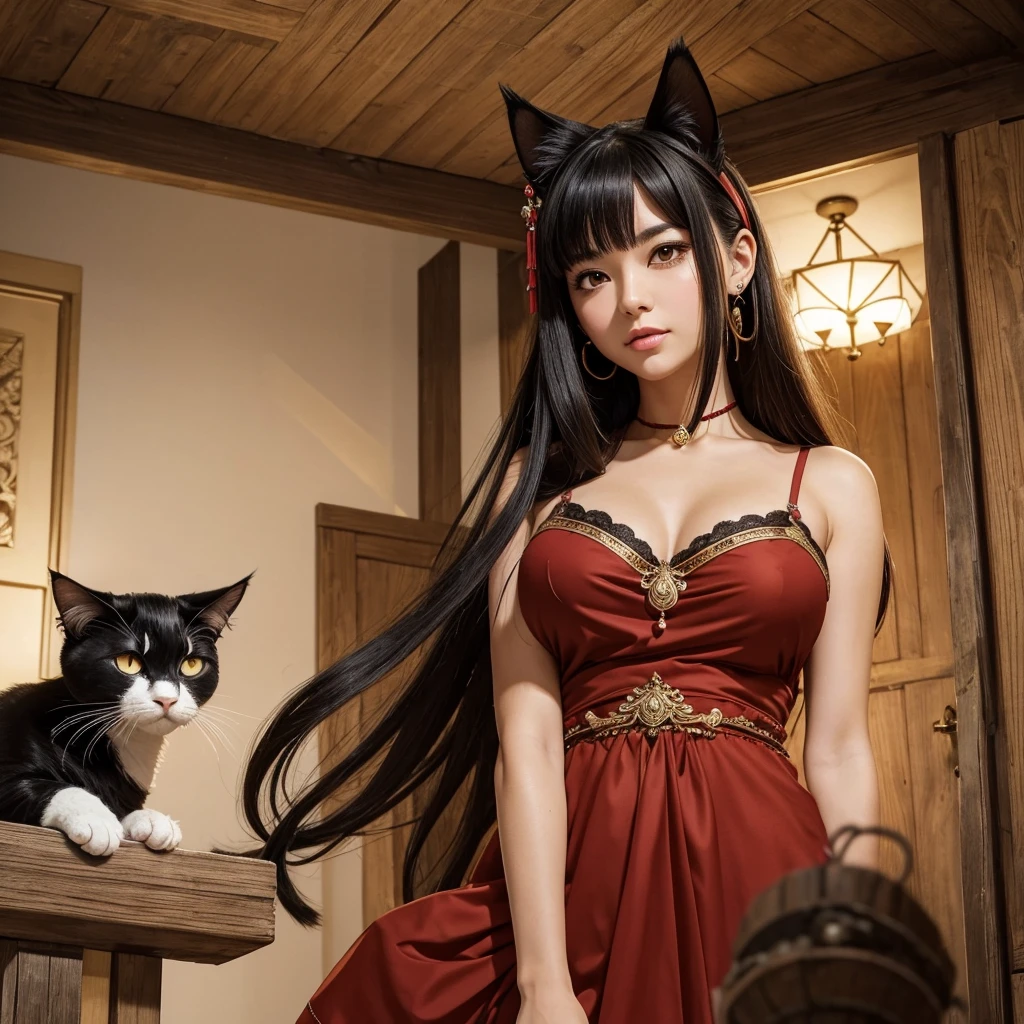 junkotvv in ancient times, under the chest, black hair with cat ears and red eyes, standing alone, From below, gazing at viewer, For the chestnut, へそ, Wart, lips, eyes browns, pelo largo, Breasts huge, jewerly, aretes, upchemise, inside, chemise, arm up, looking to the down, ceiling, upperbody.