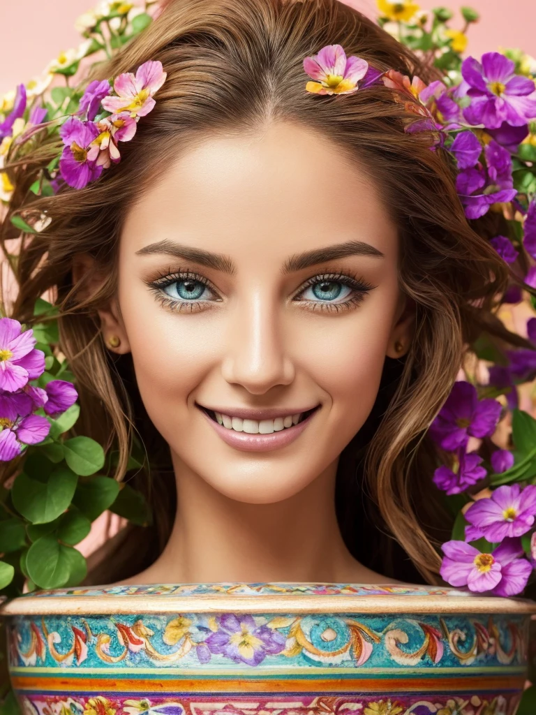 masterpiece, best quality, 1girl, Podenco dog, beautiful detailed eyes, beautiful detailed nose, beautiful detailed lips, extremely detailed face and portrait, longeyelashes, holding a flowerpot, cute little smile, multicolored abstract background, vibrant colorful flowers, dynamic color palette, warm lighting, photorealistic, 8k, ultra-detailed