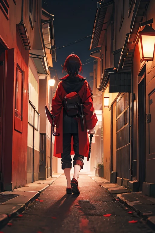 Back alley at night、Red jacket over kimono、Holding a sword、Sharp-eyed