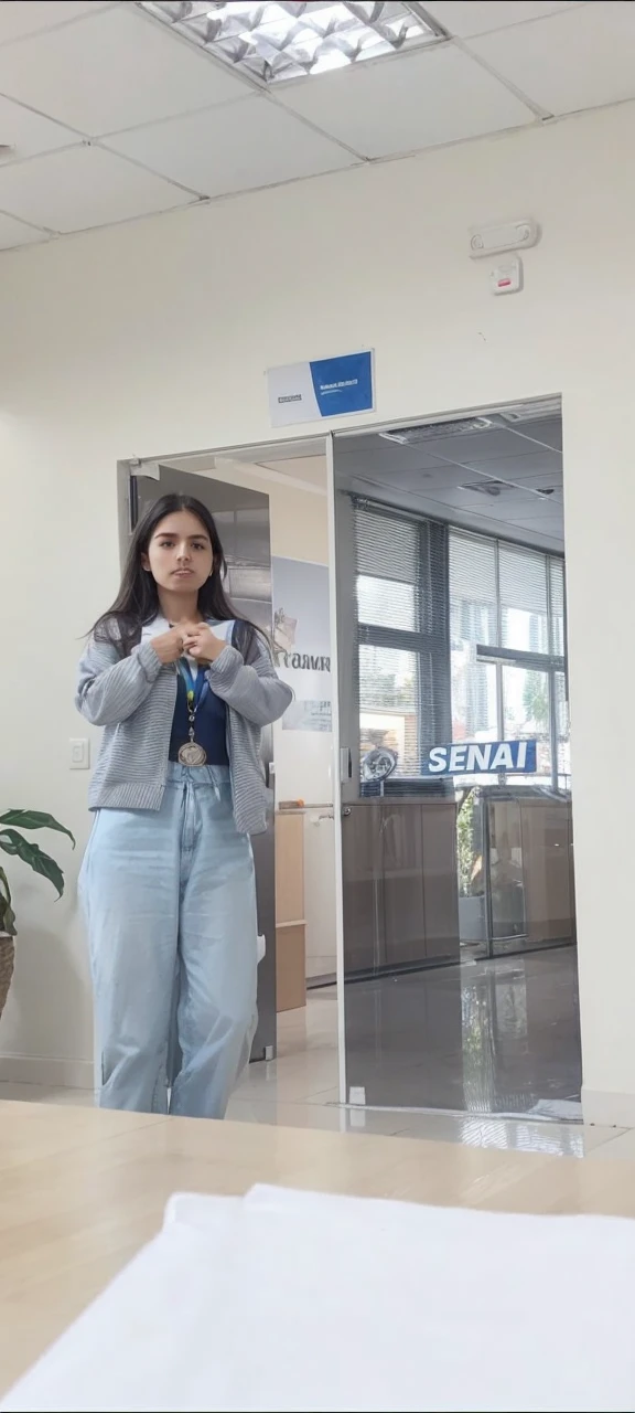 Put on an international shirt, Brazilian Team, and a shield in her hand