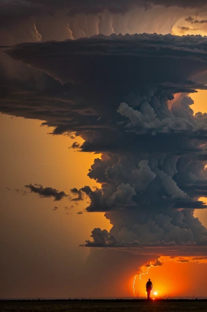Tornadoes are visible in the distance.
The sky is orange and murky.
I see a large tornado in the distance, and next to it I see the shadow of a very big huge man-like monster.