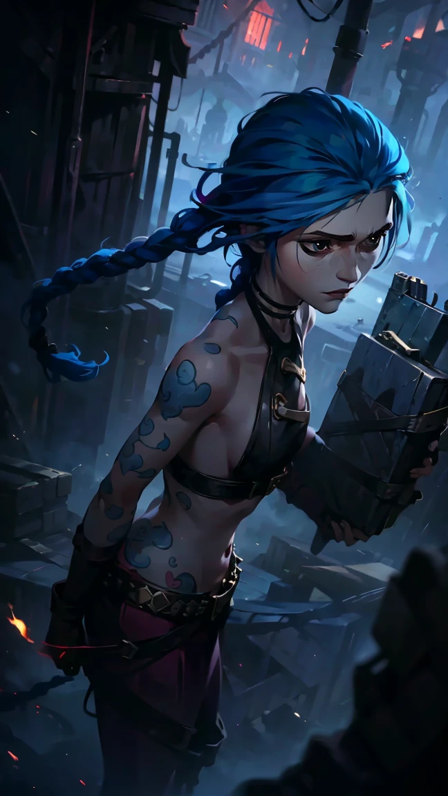 ((Best quality)), ((masterpiece)), (highly detailed:1.3), 3D, arcane style,In the dark and gritty dystopian city Piltover, plagued by violence and divided into two opposing factions, a young prodigy named Jinx emerges. Having endured unimaginable loss and abandonment, she has embraced a life of chaos and destruction. Known for her inventive and explosive abilities, Jinx becomes an icon of rebellion against the oppressive forces controlling the city. However, haunted by guilt and battling inner demons, she must confront her past and decide whether to continue down the path of anarchy or seek redemption amidst the turmoil. Explore the journey of Jinx as she navigates a treacherous world, fighting for survival, unraveling secrets, and discovering the true meaning of her twisted existencechaos reigns supreme, and at the heart of it all is Jinx, the embodiment of unpredictability. Delve deep into the twisted mind of Jinx, exploring the origins of her madness and the driving force behind her destructive nature. Unveil the moments that shaped her into the deranged and iconic character we know. Take us on a wild journey through the vibrant streets of Piltover and the grim underbelly of Zaun as Jinx wreaks havoc with her explosive arsenal. Can redemption ever find its way into Jinx's fractured soul? Or will she forever dance on the edge of sanity, embracing the chaos that fuels her very existence? The fate of Arcane hangs in the balance as Jinx's path intertwines with unlikely allies and formidable foes. Ignite your imagination and paint a vivid portrait of Jinx's twisted psyche, capturing the essence of her madness and the untamed spirit that defines her,HDR (High Dynamic Range),Ray Tracing,NVIDIA RTX,Super-Resolution,Unreal 5,Subsurface scattering,PBR Texturing,Post-processing,Anisotropic Filtering,Depth-of-field,Maximum clarity and sharpness,Multi-layered textures,Albedo and Specular maps,Surface shading,Accurate simulation of light-material interaction,Perfect proportions,Octane Render,Two-tone lighting,Low ISO,White balance,Rule of thirds,Wide aperature,8K RAW,Efficient Sub-Pixel,sub-pixel convolution,luminescent particles <lora:arcane_offset:0.9> <lora:JinxLol:0.5>