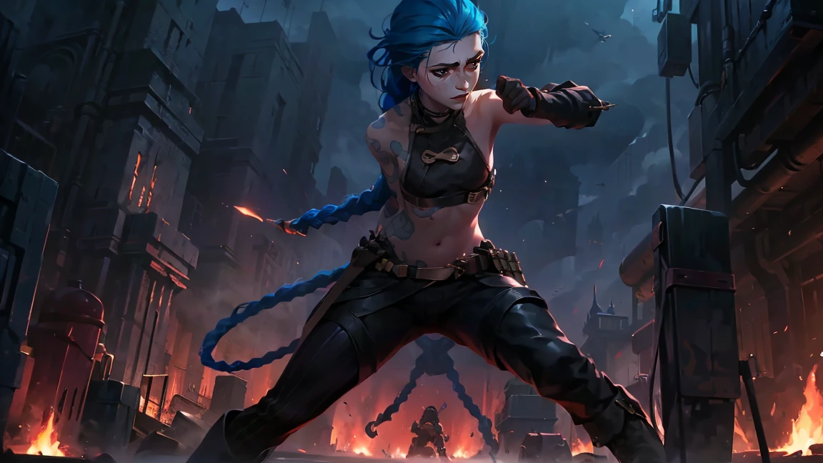 (masterpiece, Best quality), 1 girl, portrait, very sexy, crazy look, smile, crying, pink tears, tears on the cheeks, tears from eyes, full length (full body 1.1.), очень feminine, fighting stance, battle, fire, explosions, burning city, Beautiful waist, gloomy composition, flame, fire, Flash, very beautiful, feminine, long hair, hair braided in long braids, very sexy, tight leather pants, emphasis on the eyes, face accent, Beautiful face, Hands, Hair, Haired ponytail, red purple eyes, Джинкс crying, Blue cloud tattoo, (masterpiece, Best quality), Side lighting, beautiful detailed eyes, crazy face), (Best quality), (masterpiece), magic photography, Spectacular lighting, Photorealism, ultra detailed, интимная portraitная композиция, 1. 4,8 k UHD, aesthetic, Cd., A high resolution, 8 k, better lighting, Best shade, Ultra-HD, A high resolution, sharp focus, Complex background, Cinematic lighting, ((Landscape view)), 4K block, (better lighting), ((Cinematic lighting)),