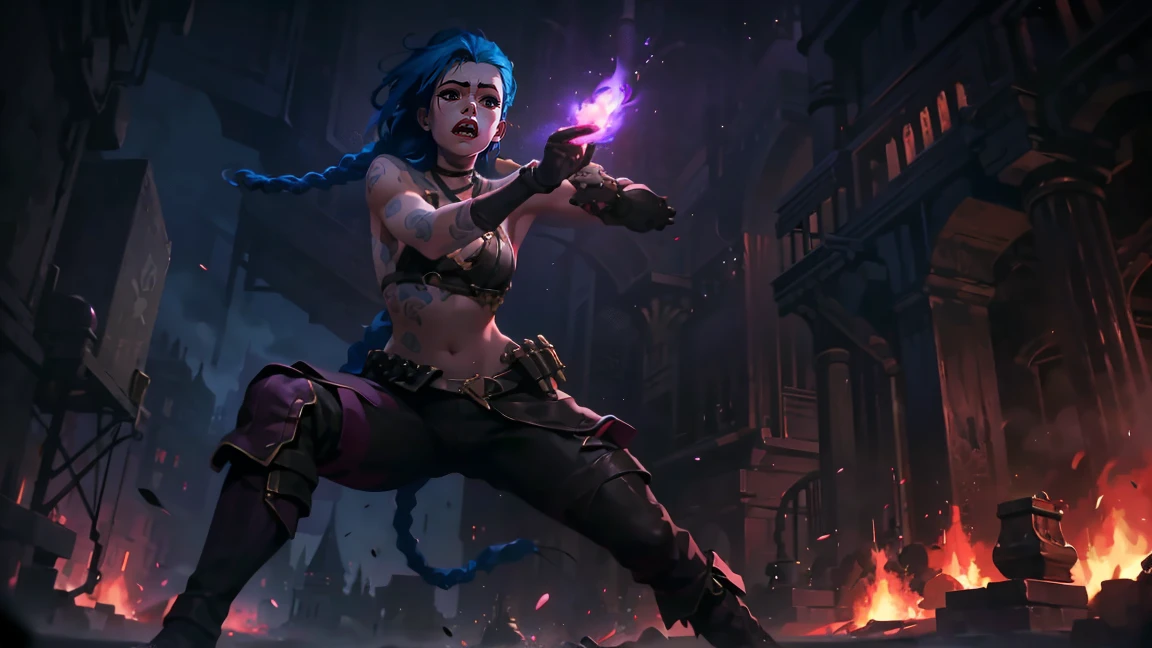 (masterpiece, Best quality), 1 girl, portrait, very sexy, crazy look, smile, crying, pink tears, tears on the cheeks, tears from eyes, full length (full body 1.1.), очень feminine, fighting stance, battle, fire, explosions, burning city, Beautiful waist, gloomy composition, flame, fire, Flash, very beautiful, feminine, long hair, hair braided in long braids, very sexy, tight leather pants, emphasis on the eyes, face accent, Beautiful face, Hands, Hair, Haired ponytail, red purple eyes, Джинкс crying, Blue cloud tattoo, (masterpiece, Best quality), Side lighting, beautiful detailed eyes, crazy face), (Best quality), (masterpiece), magic photography, Spectacular lighting, Photorealism, ultra detailed, интимная portraitная композиция, 1. 4,8 k UHD, aesthetic, Cd., A high resolution, 8 k, better lighting, Best shade, Ultra-HD, A high resolution, sharp focus, Complex background, Cinematic lighting, ((Landscape view)), 4K block, (better lighting), ((Cinematic lighting)),