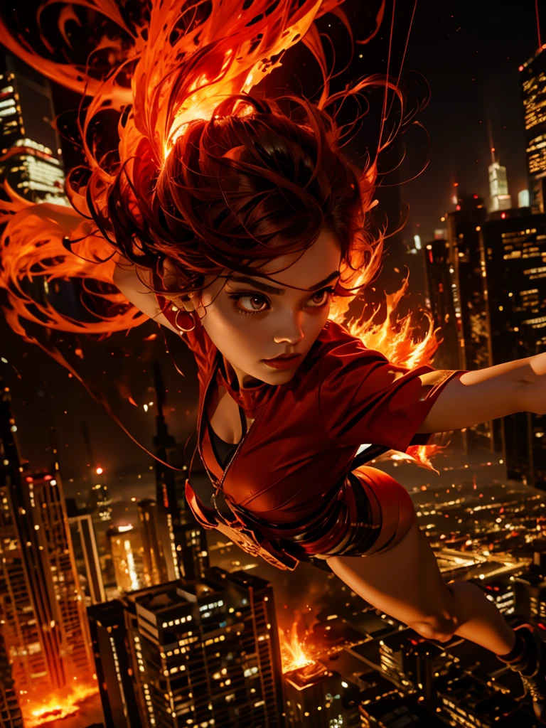 woman,lina, short hair, flying over city, fire, red glow
