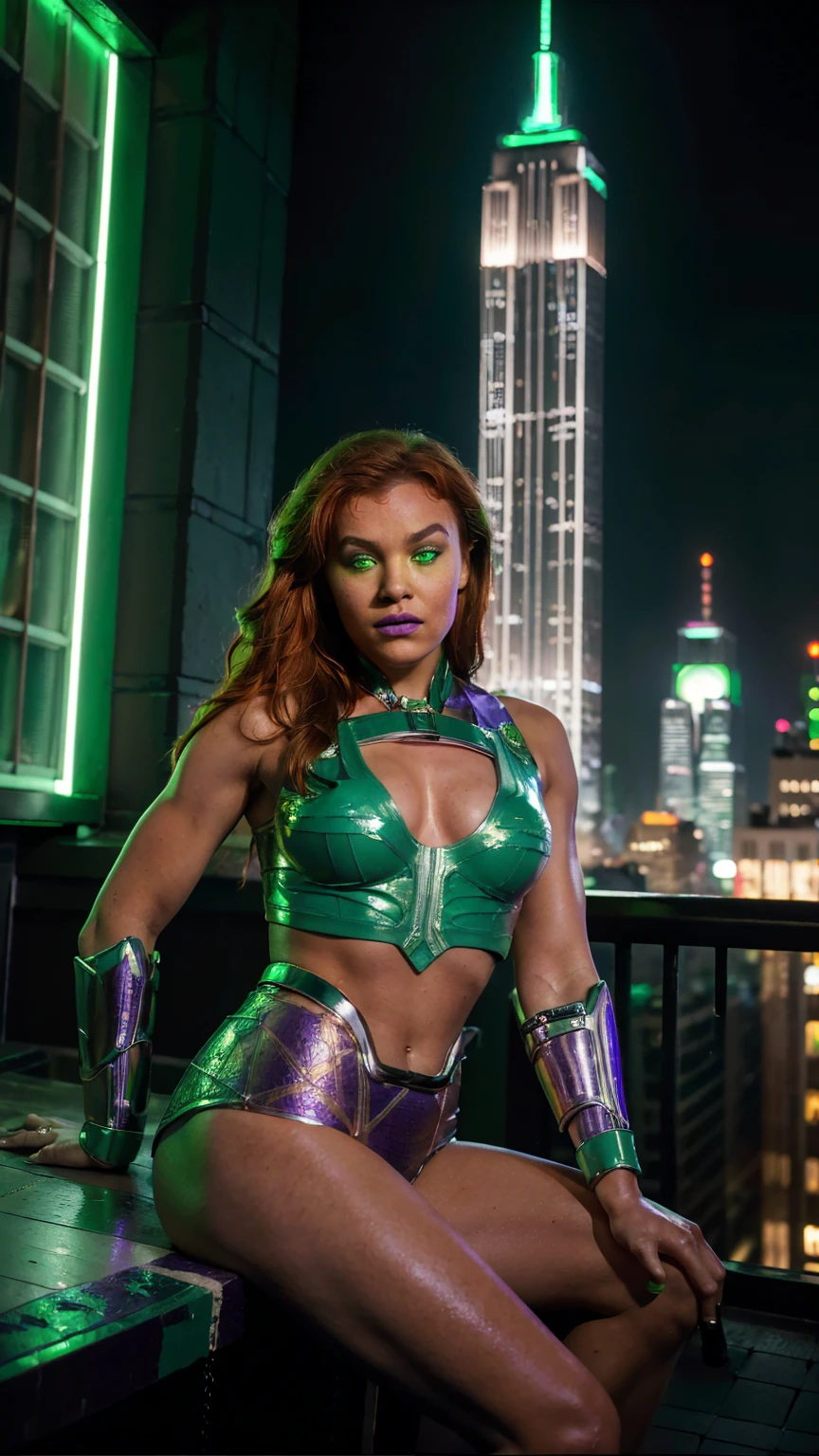 masterpiece, Best quality, (epiCRealLIfe), (photorealistic1.4), (young woman), (European Model), (tall athletics body), (orange skin), (hail33), (red hair), (green eyes), (dark red lipsticks), (Starfire), abs, (perfect hands), (Starfire hairstyle), (Starfire costume), (purple latex bodysuit), (silver trimming on outfit), (silver metal armband), (silver metal arm guards), (green gems), (exposed midriff), (flash photography), (flashphoto), (cowboy shots), (city rooftop), (empire state building), (at night), (night view), (spotlight), (from front), (outdoor)