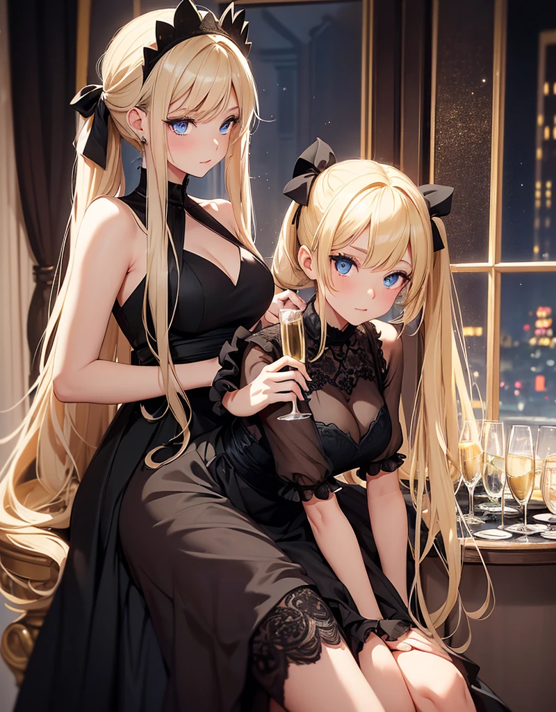 an adult girl, She has two pigtails falling over her shoulders, decorated with black ribbons, SHE HAS BLONDE HAIR, blue eyes and a very elegant and very long black dress for a gala dinner with a cut that allows her to show her leg, wears beautiful evening makeup, He is at a gala party having a glass of champagne, full body image