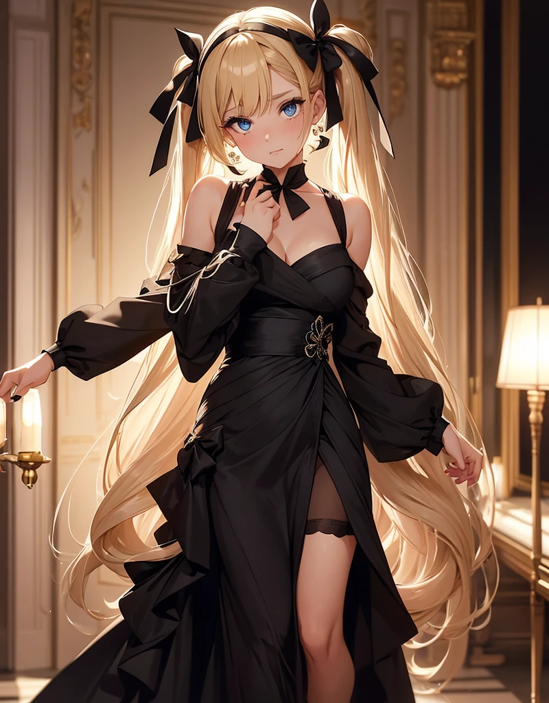 an adult girl, She has two pigtails falling over her shoulders, decorated with black ribbons, SHE HAS BLONDE HAIR, blue eyes and a very elegant and very long black dress for a gala dinner with a cut that allows her to show her leg, wears beautiful evening makeup, He is at a gala party having a glass of champagne, full body image