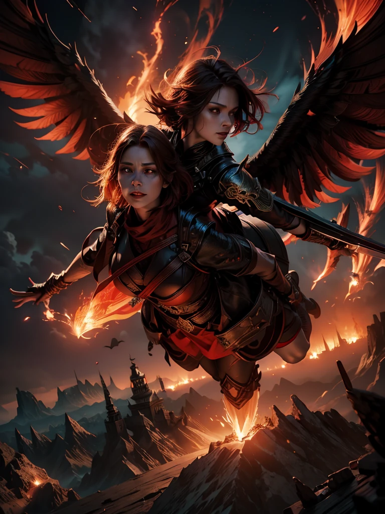 woman, lina, short hair, flying over city, fire, red glow, photorealistic, highly detailed, cinematic lighting, dramatic, fantasy, mystical, magical, intricate, glowing embers, volumetric lighting, cinematic composition, hyper-realistic, award winning, artstation, deviantart, 8k, 4k, ultra detailed, masterpiece