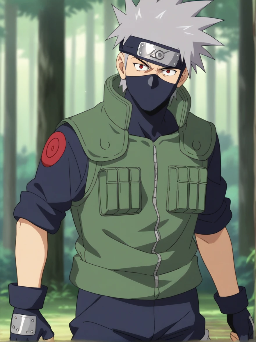 score_9, score_8_up,source_anime,
1boy, kakashi, grey hair, covered mouth, mouth mask, red eye, scar across eye, forehead protector, gloves, konohagakure symbol, mature, green vest, pants,solo, looking at viewer, angry, standing, cowboy shot, outdoors, forest, anime screencap, anime coloring