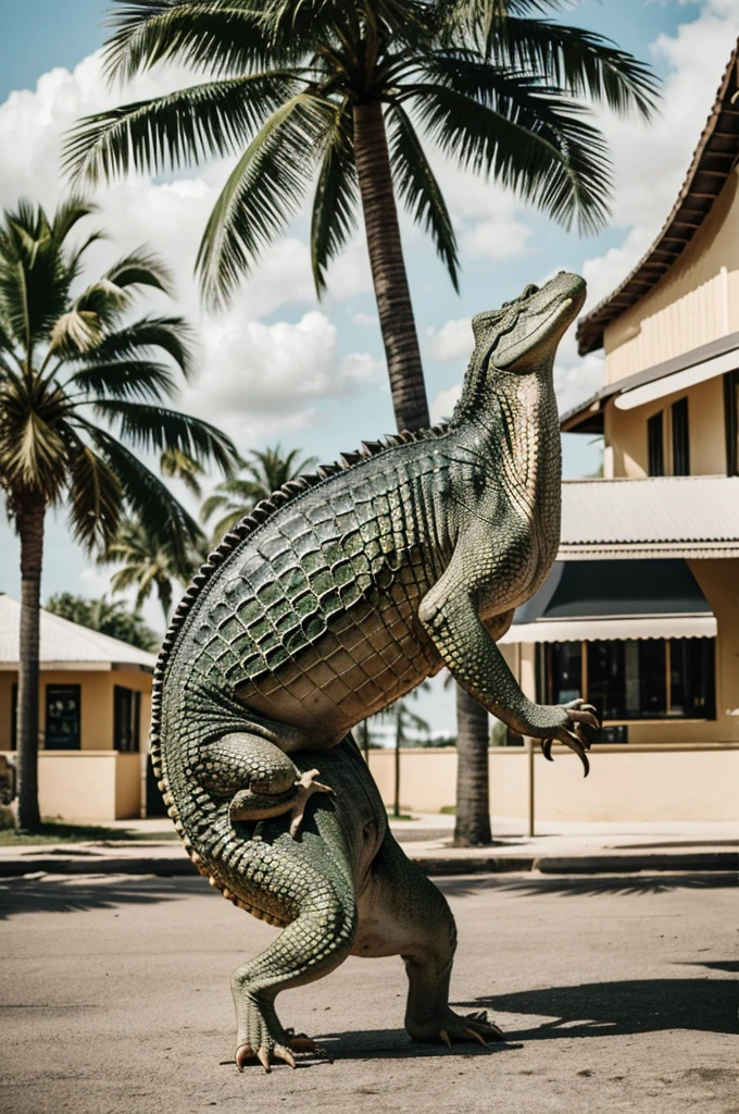 Crocodile with palm tree shirt, hat and drinking beer standing on his two hind legs