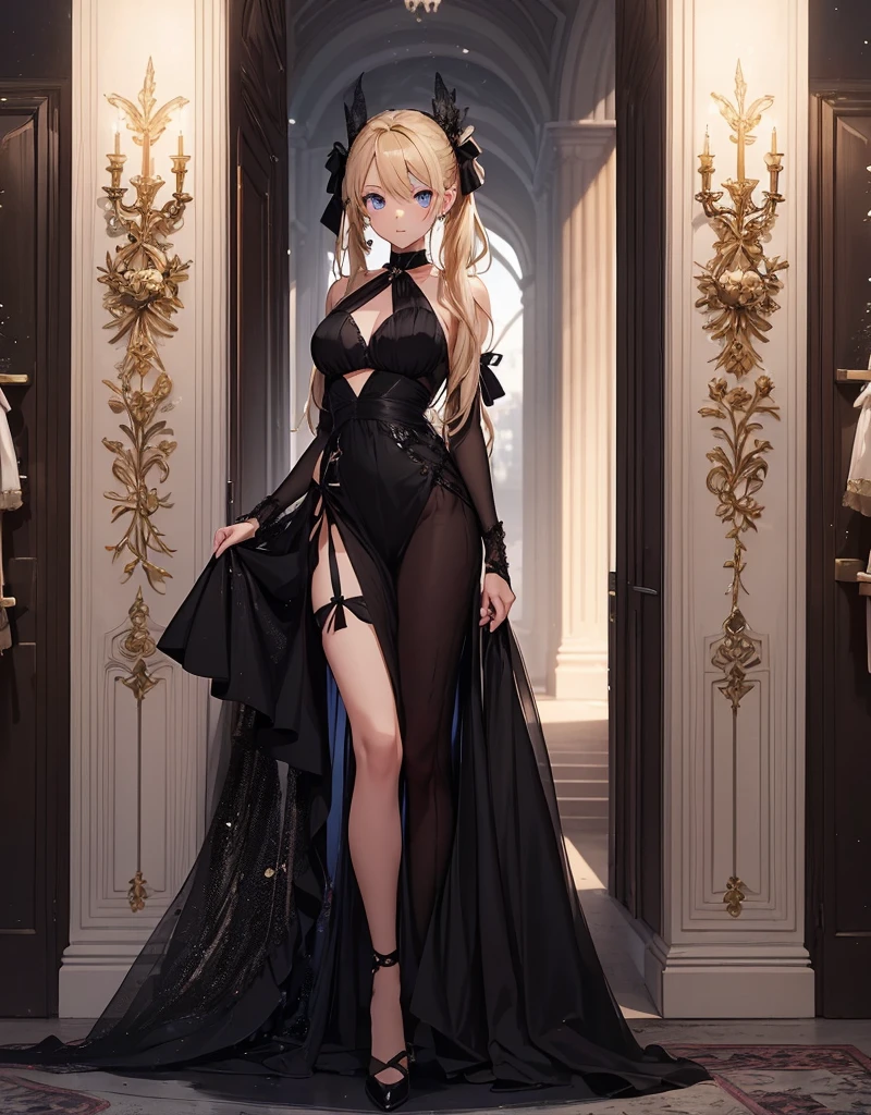 an adult girl, She has two pigtails falling over her shoulders, decorated with black ribbons, SHE HAS BLONDE HAIR, blue eyes and a very elegant and very long black dress for a gala dinner with a cut that allows her to show her leg, wears beautiful evening makeup, He is at a gala party having a glass of champagne, full body image