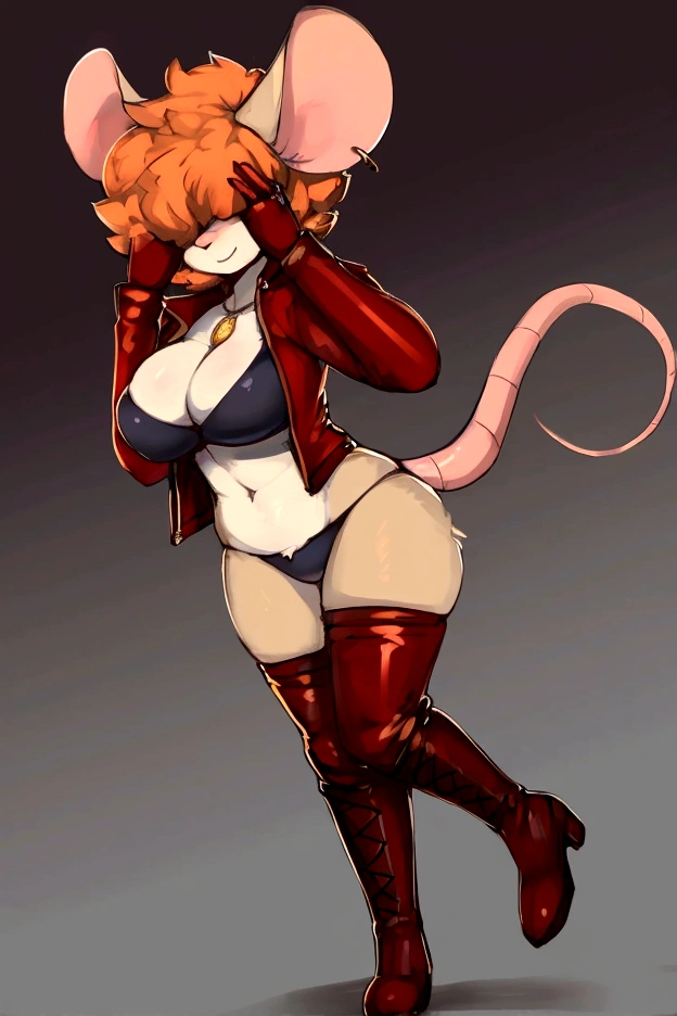 By zackary911 ,High quality,Female ,(( anthro,mouse,hair covering eyes,fluffy hair,short hair,happy)),fur,(breasts),solo,orange hair,toned,mouse Tail,raised tail,Earrings,Curvy legs,2 arms,, Golden necklace,large jacket,Neckline ,(red gloves),,boots,dramatic lights,panties,lucha libre ring