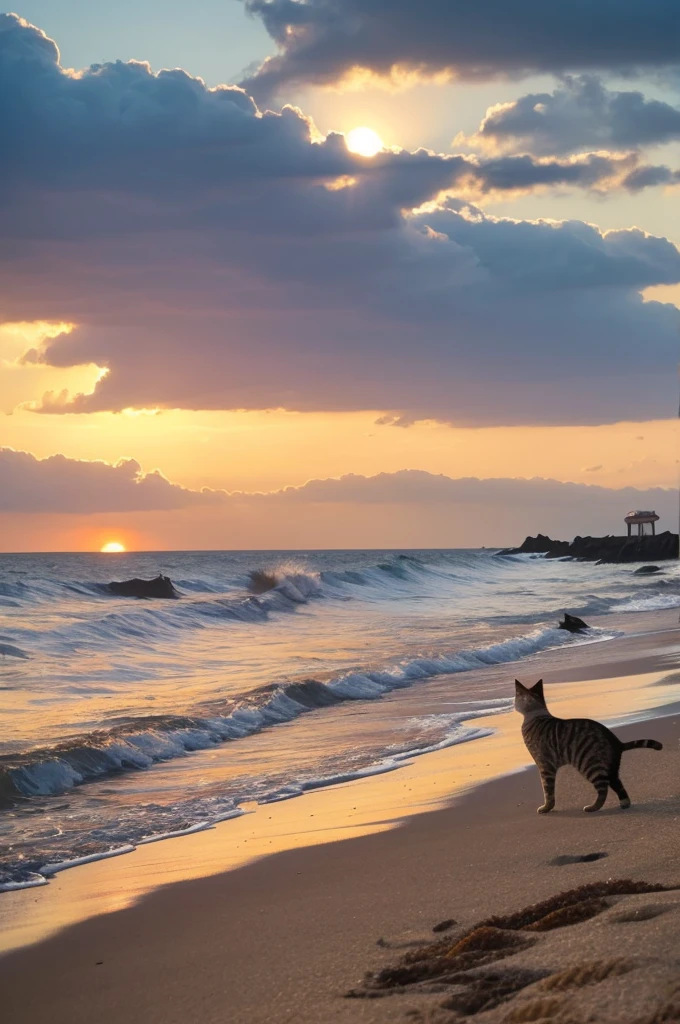 Scenery of the rising sun、Ocean、A beach full of cats