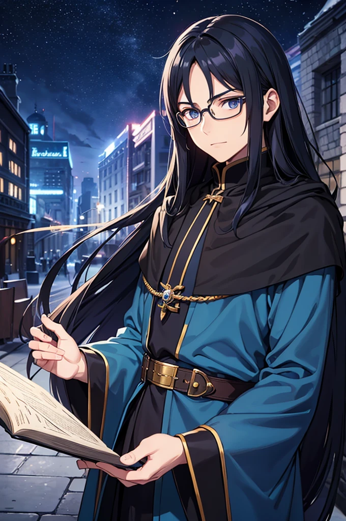 A man with glasses, magician with long black hair, dark blue eyes, wears blue magician clothes with black, young magician, adventurer, intellectual, cold personality, medieval city background, isekai anime style