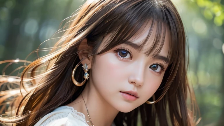 masterpiece, Highest quality, １６hair,Awareness-raising, Sax Blue, Platinum Earrings, Platinum Necklace, White Dress, 1 Girl, cute, (Dynamic Lighting:1.2), Cinema Lighting, Delicate features, Detailed eyes, Sharp pupils, Realistic student, Written boundary depth, Bokeh, Sharp focus, (Very detailed, bloom, Shine:1.4), Brown eyes、Brown Hair、She is a wood fairy、Forest Background、in the forest、