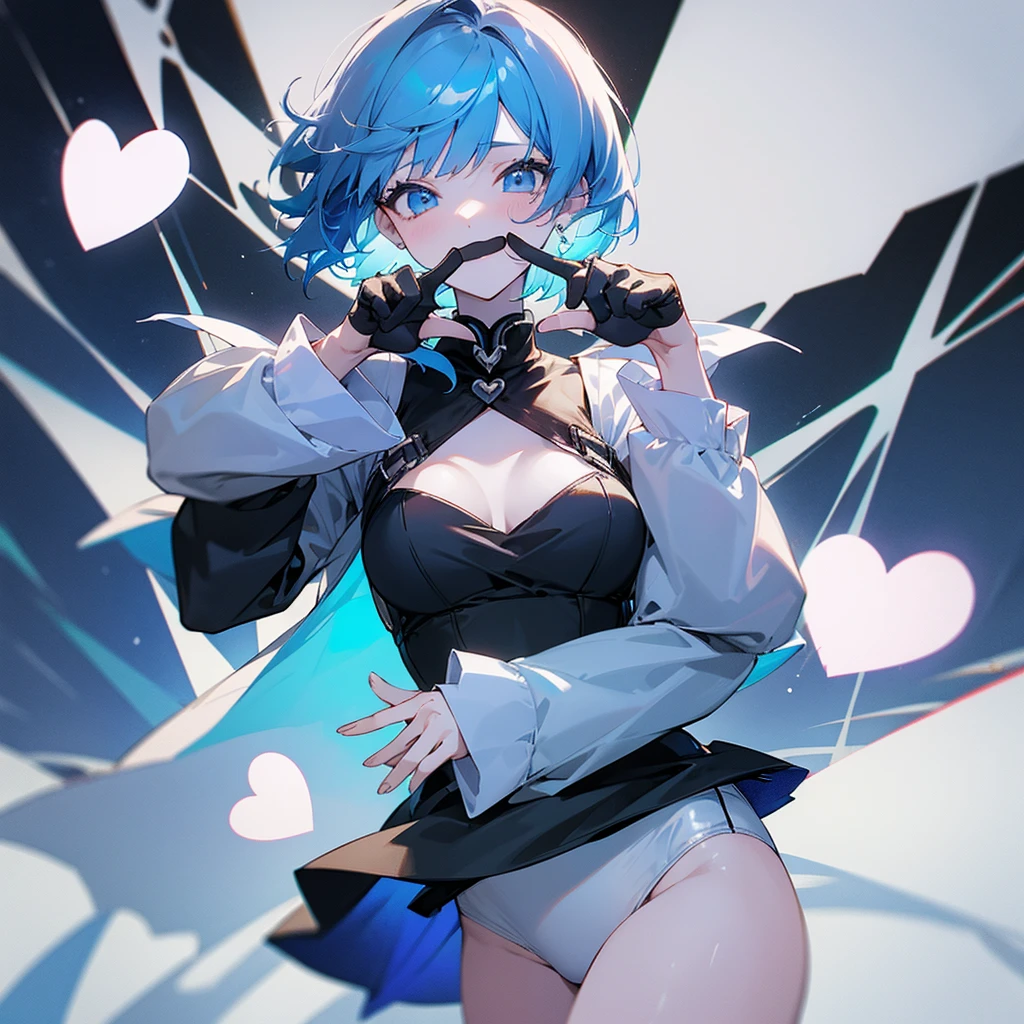 1 2d girl with short blue hair, with a black dress with white panties and white skin color with her hands making a heart sign and with 5 fingers