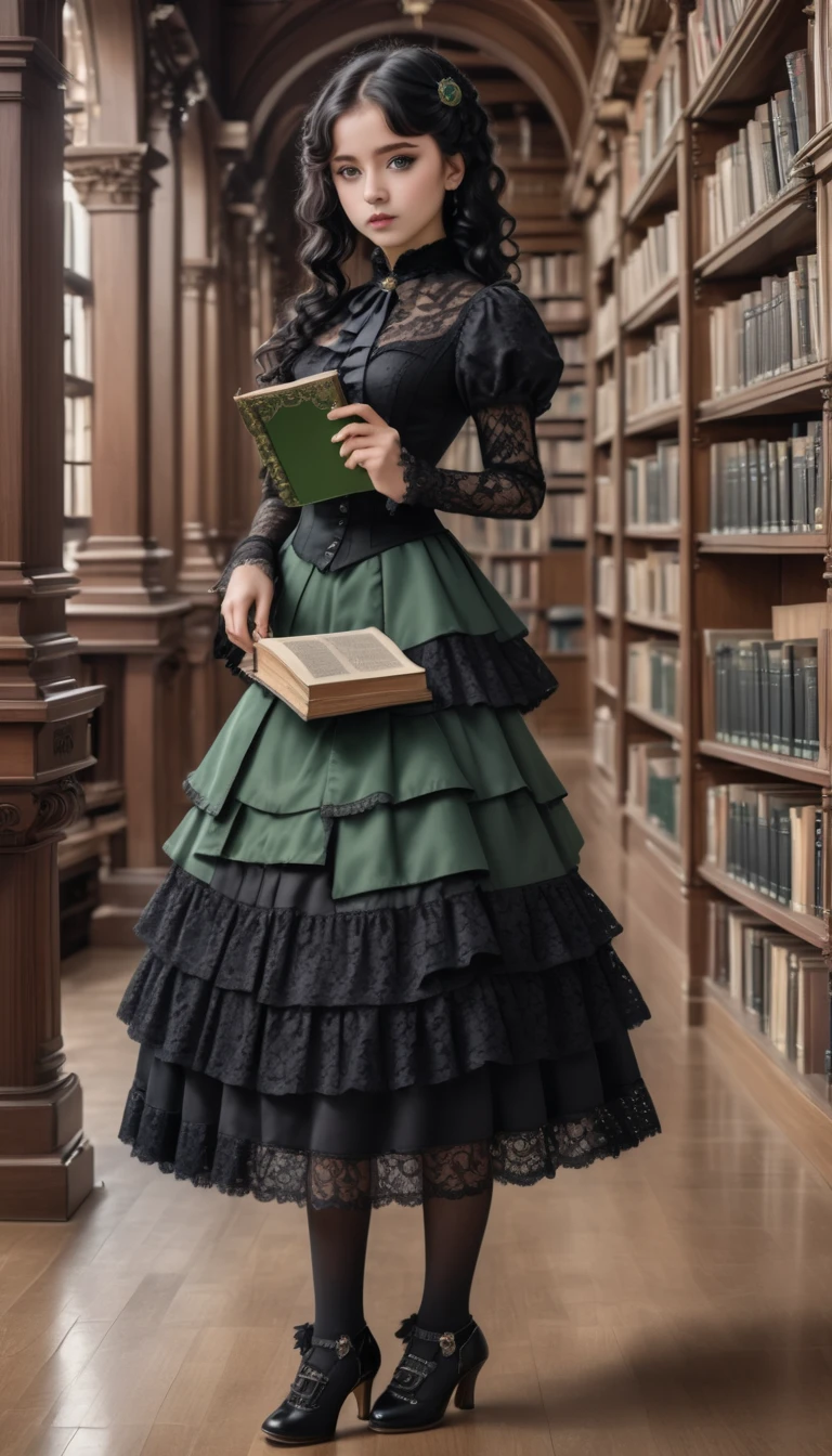 8k, masterpiece, highly detailed,
1girl wearing an emerald green (victorian dress), black hair, ringlets, green eyes,
full body, head tilt, holding a book, library, black lace
