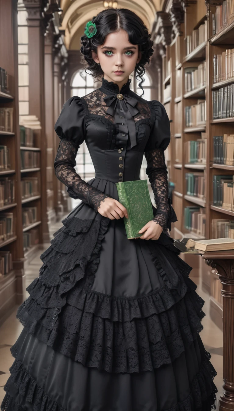 8k, masterpiece, highly detailed,
1girl wearing an black (victorian dress), black hair, ringlets, green eyes,
full body, head tilt, holding a book, library, black lace