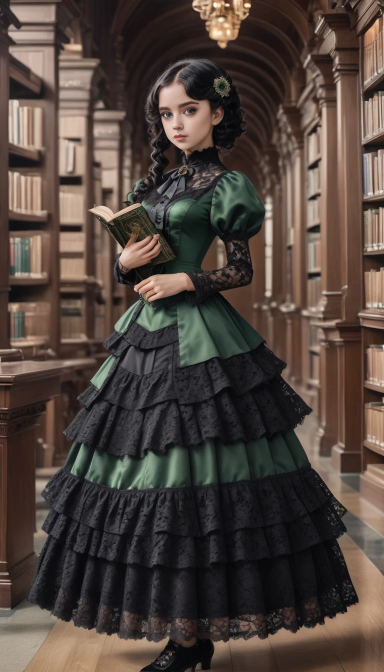 8k, masterpiece, highly detailed,
1girl wearing an black (victorian dress), black hair, ringlets, green eyes,
full body, head tilt, holding a book, library, black lace