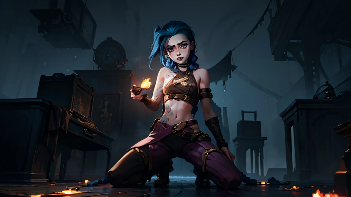 (masterpiece, Best quality), 1 girl, portrait, very sexy, crazy look, smile, crying, pink tears, tears on the cheeks, tears from eyes, full length (full body 1.1.), очень feminine, fighting stance, battle, fire, explosions, burning city, Beautiful waist, gloomy composition, flame, fire, Flash, very beautiful, feminine, long hair, hair braided in long braids, very sexy, tight leather pants, emphasis on the eyes, face accent, Beautiful face, Hands, Hair, Haired ponytail, red purple eyes, Джинкс crying, Blue cloud tattoo, (masterpiece, Best quality), Side lighting, beautiful detailed eyes, crazy face), (Best quality), (masterpiece), magic photography, Spectacular lighting, Photorealism, ultra detailed, интимная portraitная композиция, 1. 4,8 k UHD, aesthetic, Cd., A high resolution, 8 k, better lighting, Best shade, Ultra-HD, A high resolution, sharp focus, Complex background, Cinematic lighting, ((Landscape view)), 4K block, (better lighting), ((Cinematic lighting)),